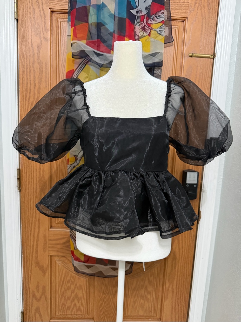 Altar'd State Black Sheer Puff Sleeve Peplum Top